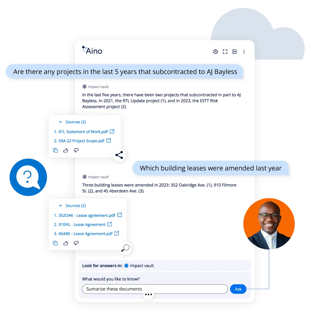 Interface officielle Aino illustrant une conversation avec les documents dans M-Files