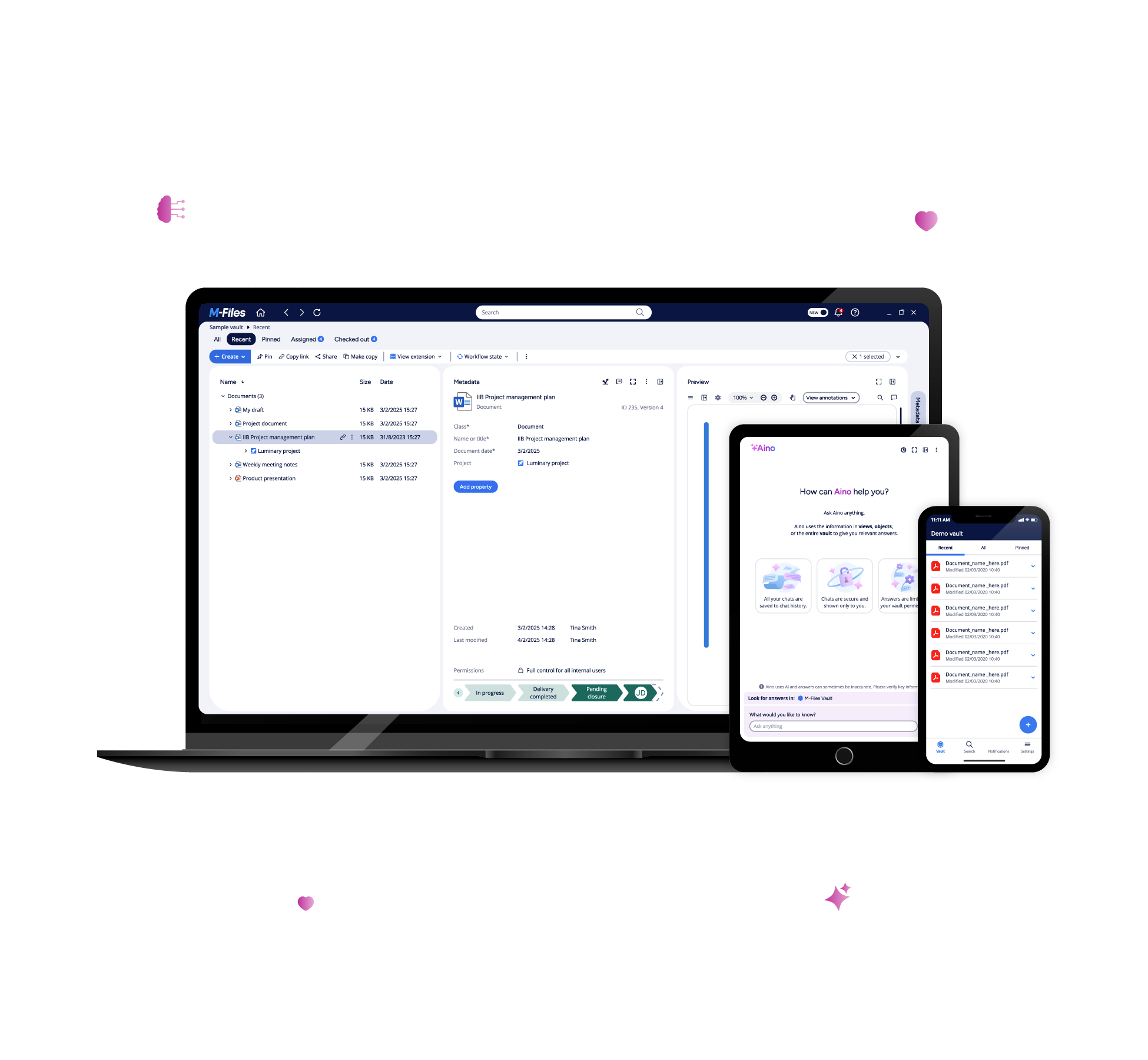 Visuel officiel M-Files : plateforme documentaire sur ordinateur, tablette et mobile